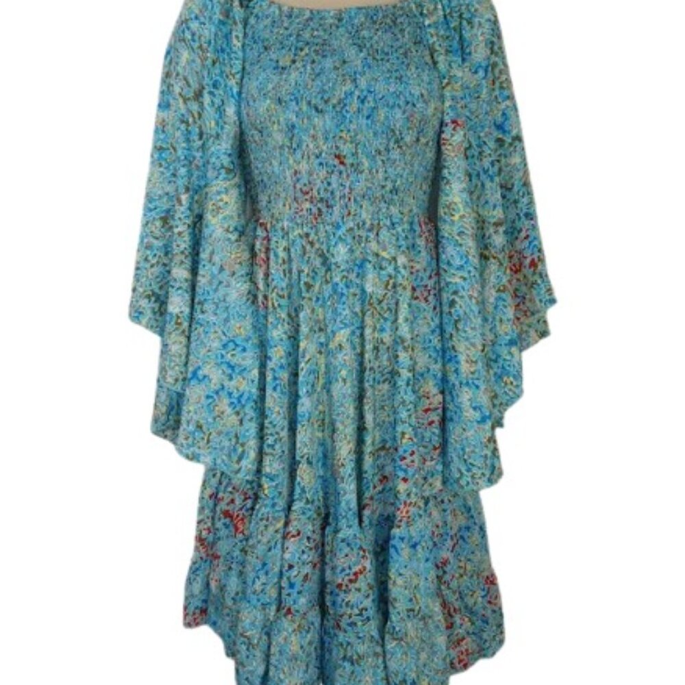 Zury Womens Mini Dress Blue Floral Smocked Bell Sleeves Silk XS